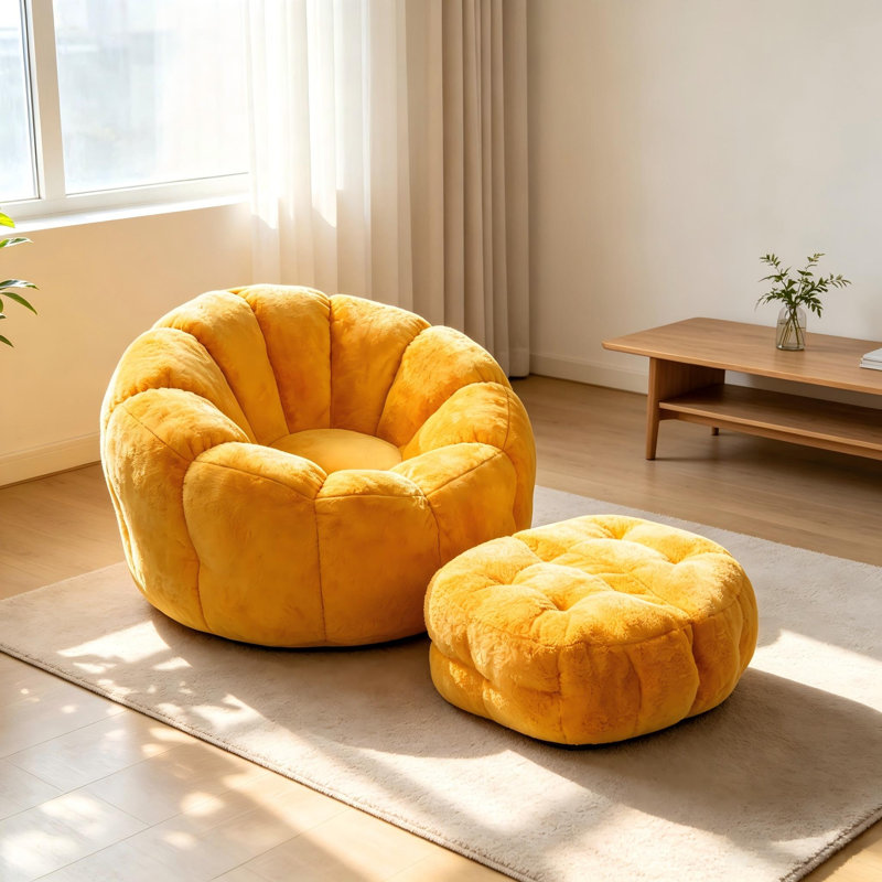 Fauteuil à billes Fluffy ound avec repose-pieds, canapé-lit très confortable, Jaune