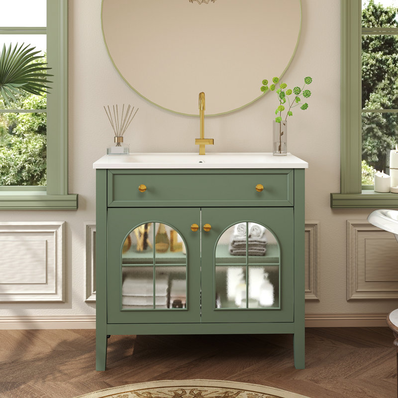 Lavabo de salle de bain 36 po Mid-Century avec verre à motif et bande lumineuse à capteur de mouvement, meuble-lavabo sur pied Farmhouse avec rangement, meuble-lavabo haut de gamme pour salle de bain, vert