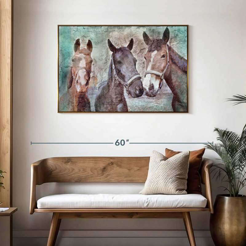 Trois chevaux voisins, Cadre flottant doré, 43 po x 29 po