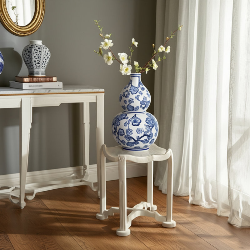 Ceramic Gourd Vase, 13" Blue/White Cherry Blossom Chinoiserie, 13" H x 9" W x 9" D