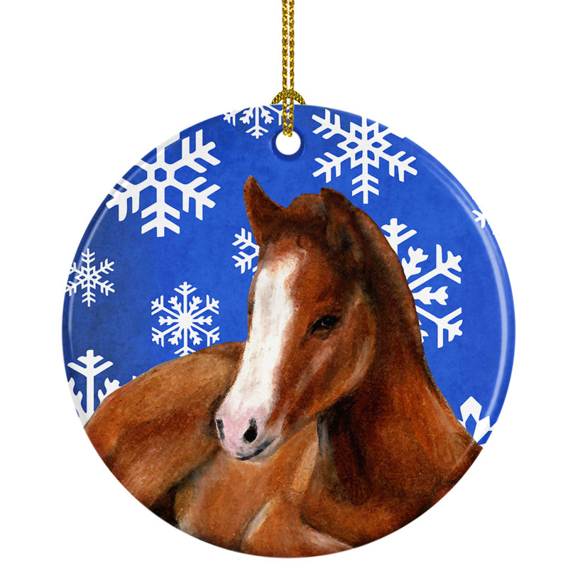 Ornement de figurine suspendue en céramique pour les fêtes cheval de neige foal winter