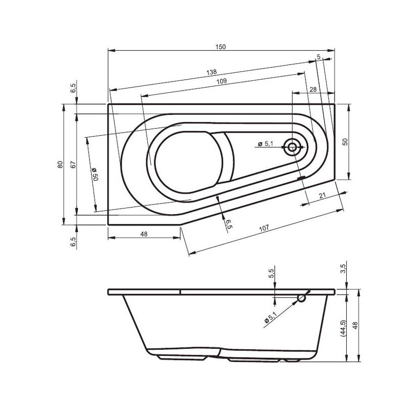 x 1350mm Drop-In Soaking Acrylic Bathtub, 75cm H x 160cm L x 135cm D