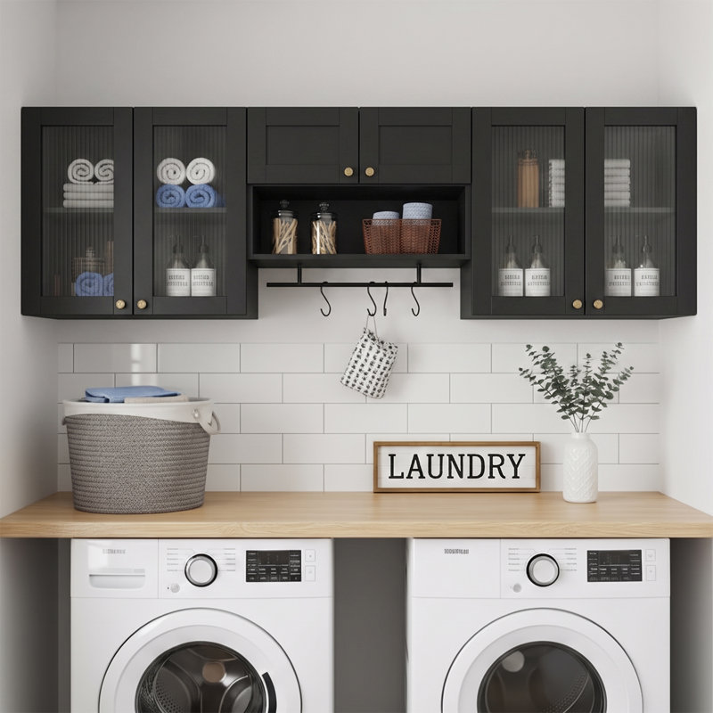 Wall Mounted Cabinet Set with Glass Doors, Hanging Rod and Adjustable Shelves for Laundry, Bathroom or Kitchen, black