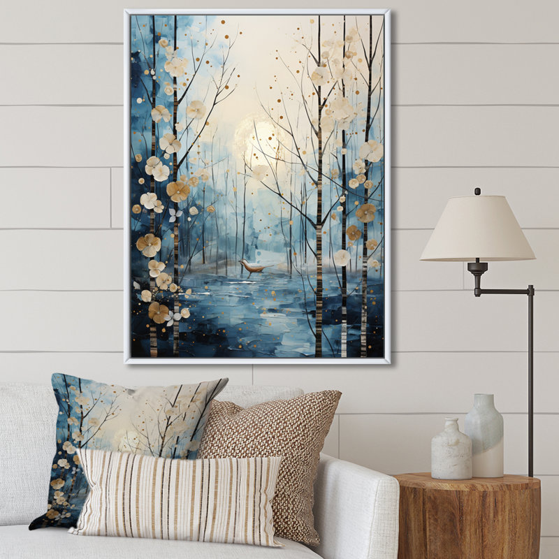 Birch Woods Winter Moonrise IV sur impression sur toile, H 32 po x l 16 po x P 1 po, Cadre flottant blanc