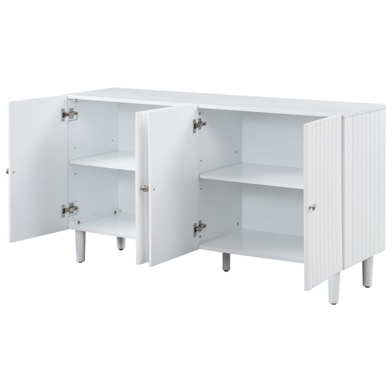 Buffet à quatre portes avec portes à motif ondulé complexes, pieds cylindriques robustes et poignées en métal élégantes et contemporaines pour les maisons modernes
