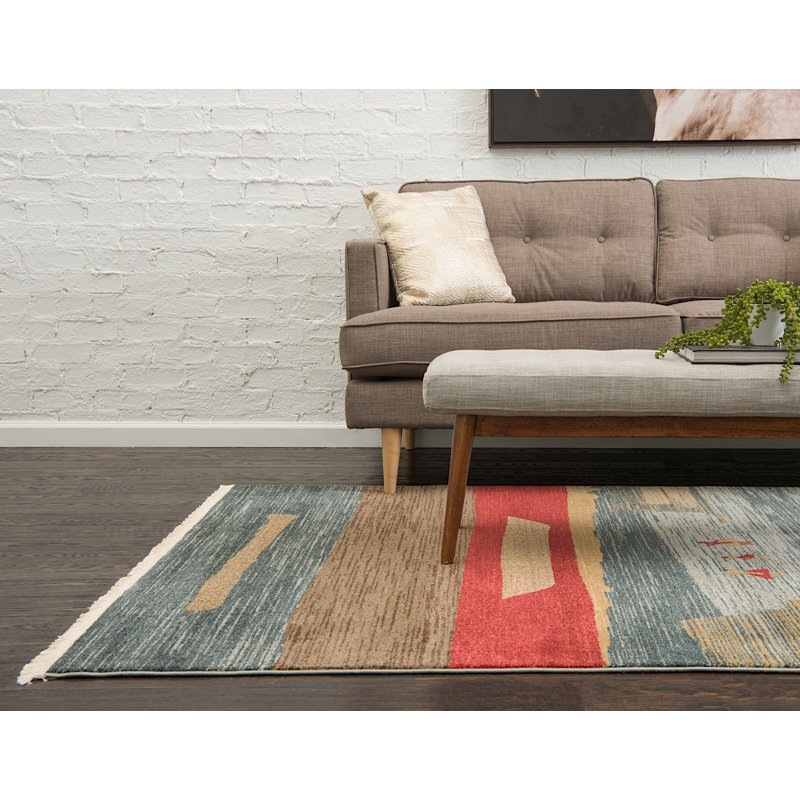 Tapis à motif géométrique bleu / rouge / beige, Rectangle 6 pi x 9 pi