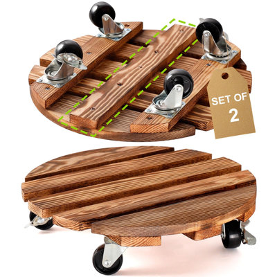 Lot de 2 supports à plantes ronds de 30 cm (12 pouces) en bois, avec roulettes