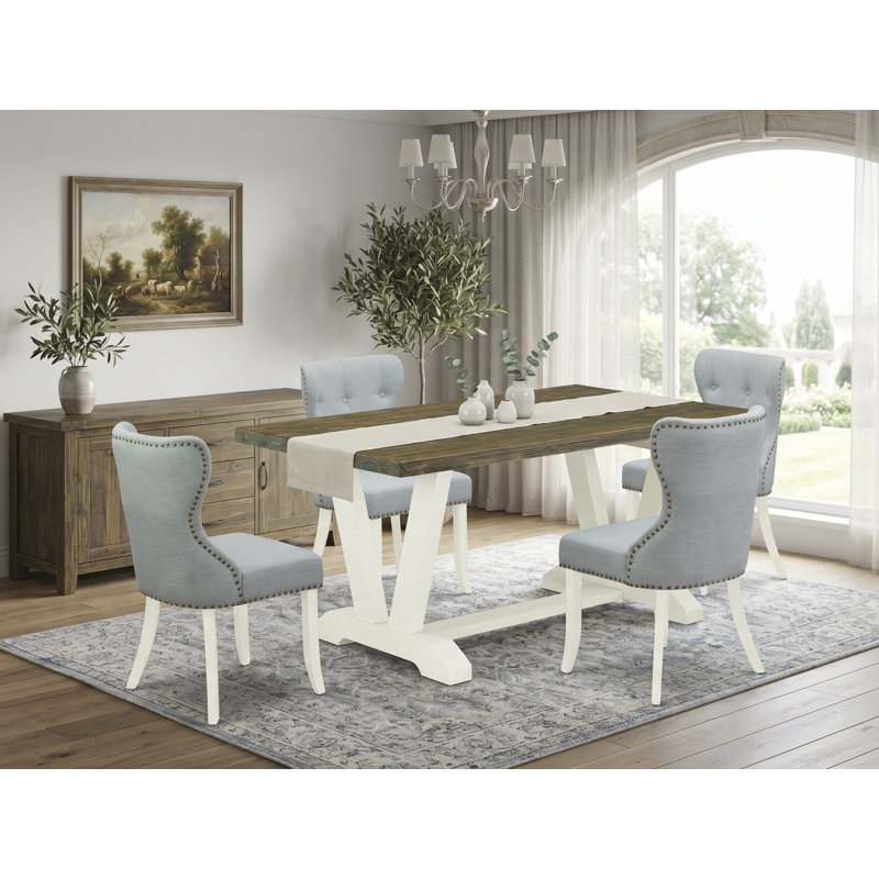 Cet ensemble de salle à manger moderne 5 pièces se compose d'une table de salle à manger Jacobean vieillie et de 4 chaises Parson en tissu bleu bébé avec dossier capitonné - Lin brossé blanc
