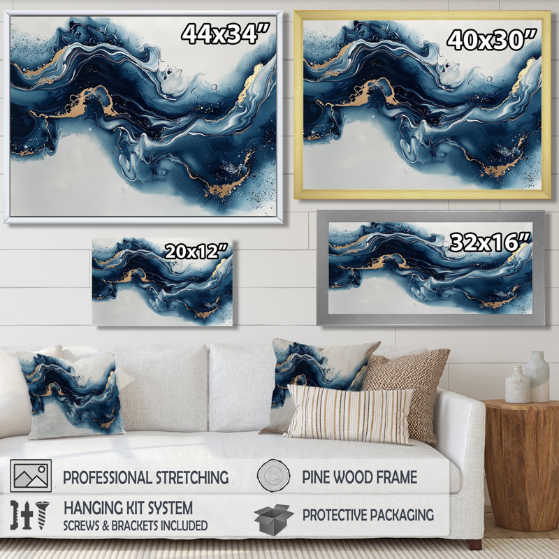 Or et bleu céleste fluidité III - encre liquide, art mural, H 24 po x l 32 po, Cadre flottant, Doré