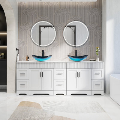 Ensemble de meuble-lavabo à double cuve 84 "avec plateau en bois manufacturé Akron, lavabos vasques, robinets et drains, peinture résistante à l'eau Akron