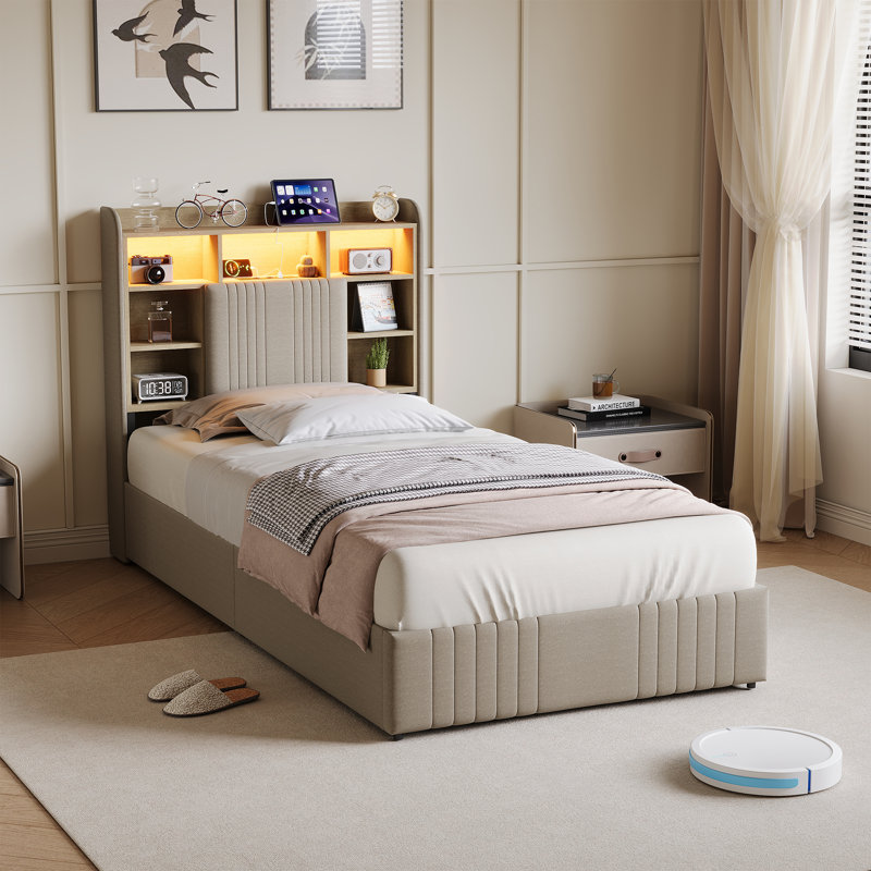 Upholstered Bed, European Single (90 x 200 cm), Beige