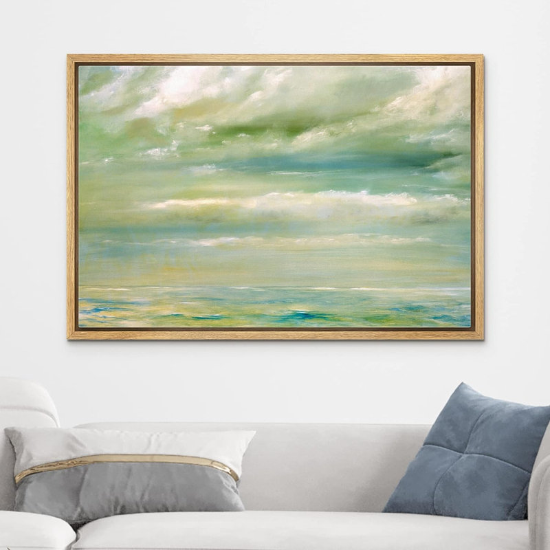 Clouds " Green Seascape Clouds Ocean ", 16'' H x 24'' W, Natural Framed