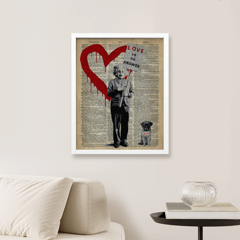 «Love Is The Response Banksy Albert Einstein Pug Dog Tribute Pop Sayings Wall Decor Inspirational» sur papier, Blanc