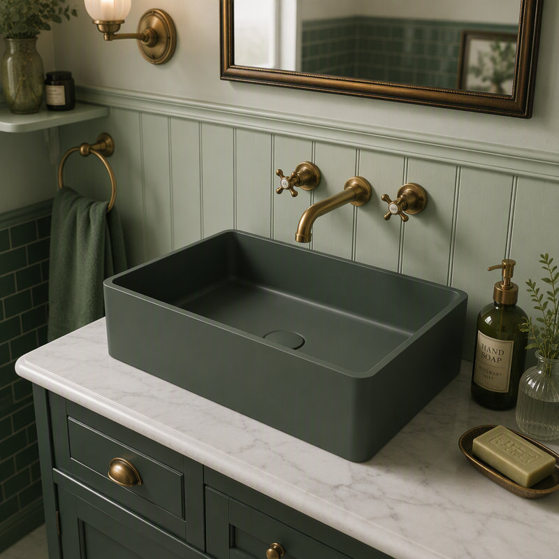 19.68'' Concrete Vessel Rectangular Modern Dark Green Bathroom Sink