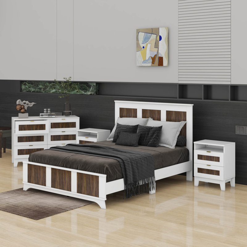 4-Pieces Bedroom Sets Queen Size Farmhouse Platform Bed With Wooden Strip Decoration, White