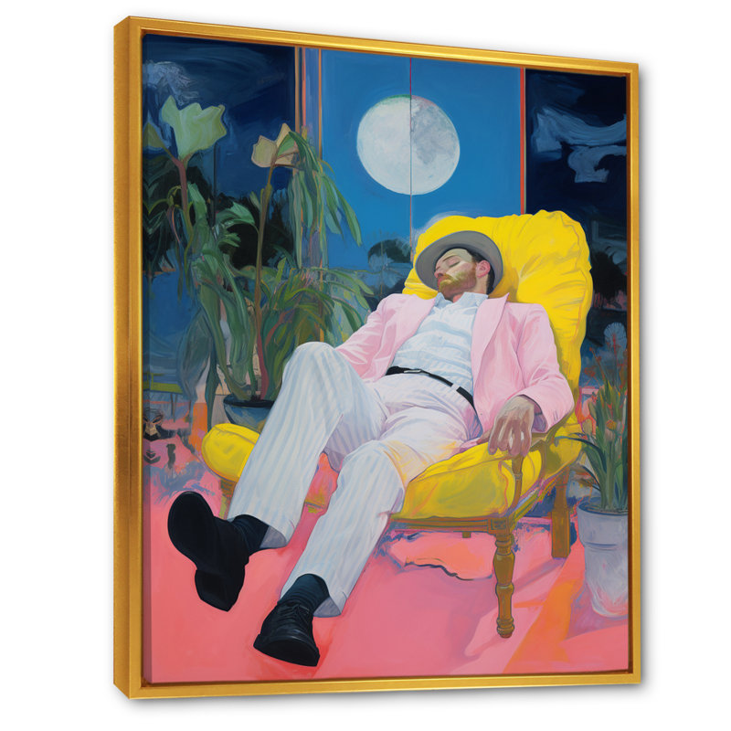 Portrait d'une lune bleue avec un manteau rose au repos - imprimé, H 40 po x l 30 po x P 1,5 po, Cadre flottant doré
