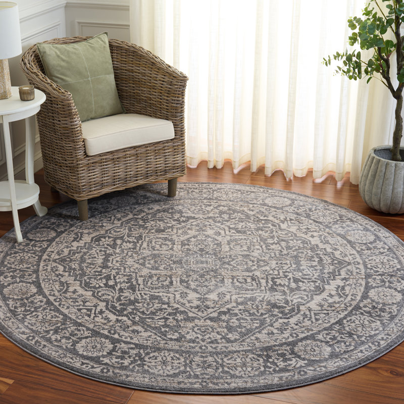 Oriental Light Gray/Ivory Area Rug, Round 6'7", Light Gray/Ivory