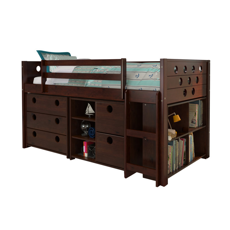 Abey Circles Twin Loft Bed with Storage and Bookcase, Dark Cappuccino