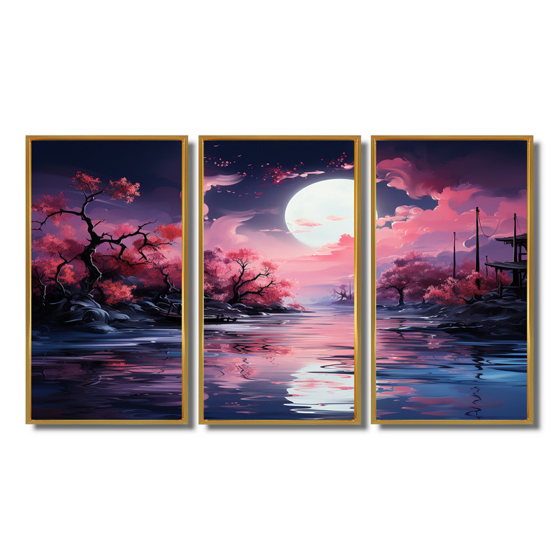Pleine lune, ciel rose, ensemble de décorations murales lac Cherry Blossom, Cadre flottant doré, H 28 po x l 36 po x P 1 po