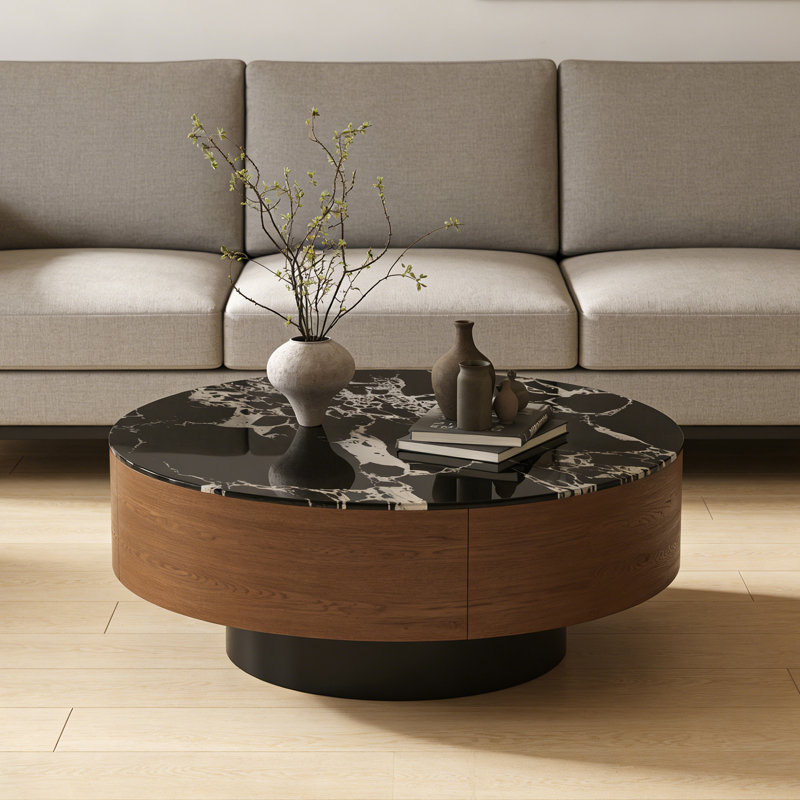 Table basse ronde en verre trempé avec 2 tiroirs, H 12,99 po x L 27,55 po x l 27,55 po