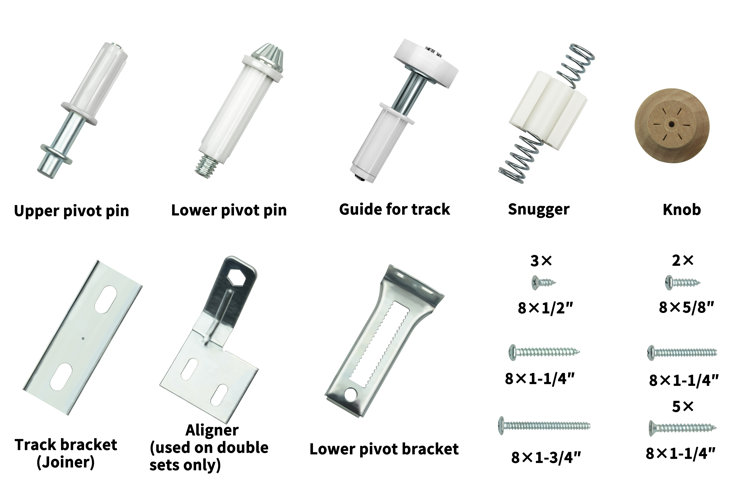 A diagram of bifold door hardware including pins, screws, and brackets that are each labeled with a name.