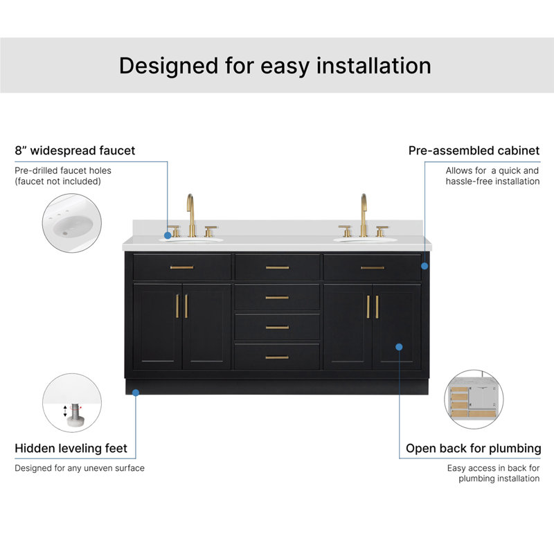 Meuble-lavabo double en bois massif 72 po Tidworth avec plateau en quartz blanc 1,5 po, Ovale, Noir