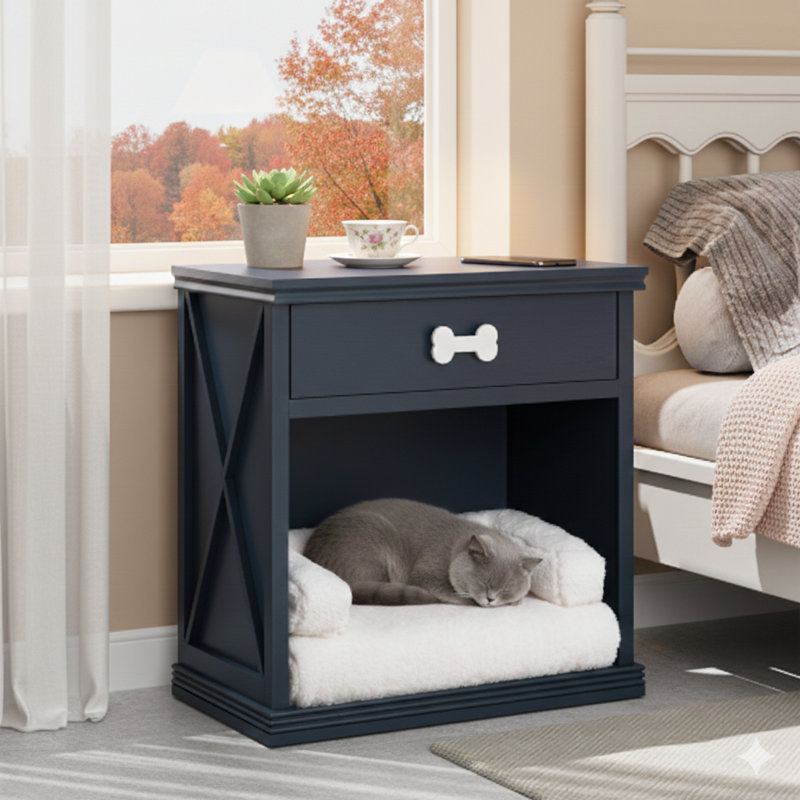 Armoire de rangement compacte avec une esthétique rétro, intégrant un éclairage à DEL intégré et une aire de repos pour animaux de compagnie. Cache une litière pour chat dans un tiroir coulissant et comprend un compartiment semi-ouvert.