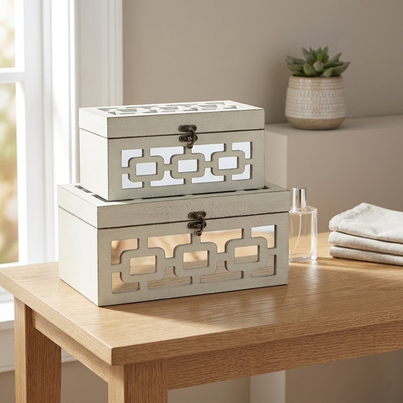 Tessera Set of 2 Distressed Mirrored Wood Boxes - Off White, White