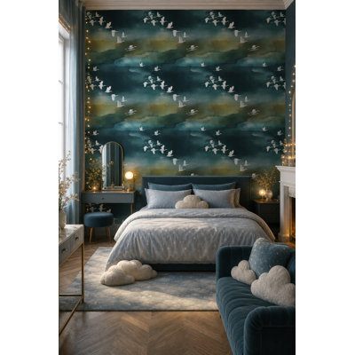 Dark Teal Wallpaper Watercolor Wash Flying Birds Removable Wall Decor