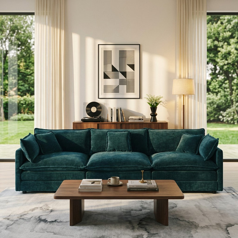 Canapé rembourré, canapé en chenille, 3 places, pour le salon, 33" H x 111.4" W x 34.2" D, Bleu