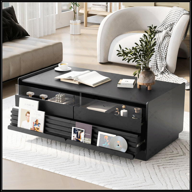 Table basse moderne moderne avec 4 tiroirs et 2 tablettes, Noir