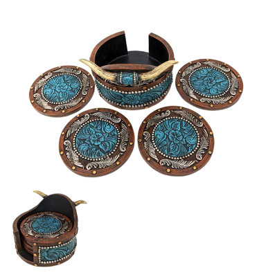 Resin Rustic Southwestern Coaster Set with Holder Faux Horn and Tooled Leather Design for Tabletop Protection