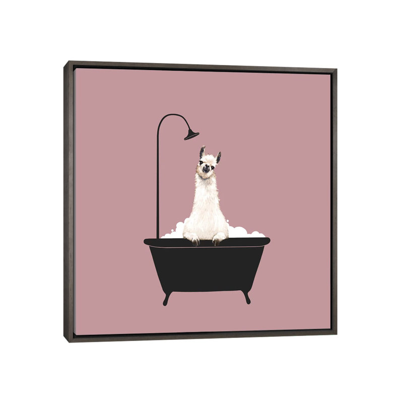 Lama dans une baignoire, Toile encadrée de bois rustique foncé, H 37 po x l 37 po x P 1,5 po