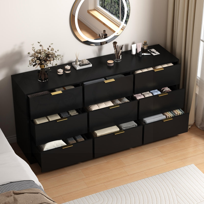 Commode noire 9 tiroirs, grande commode profonde de 63 po, commode en bois avec 9 tiroirs pour la chambre à coucher, commodes longues pour le salon, couloir
