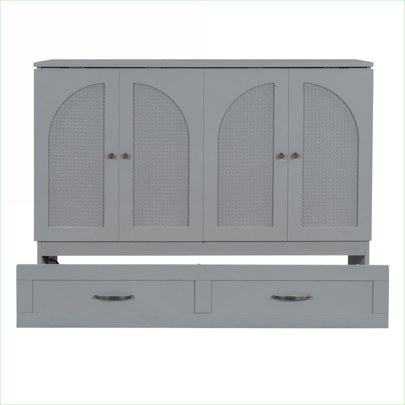 Lit escamotable pleine grandeur en bois massif gris doux et compact avec grands tiroirs, idéal pour les petites pièces multifonctionnelles