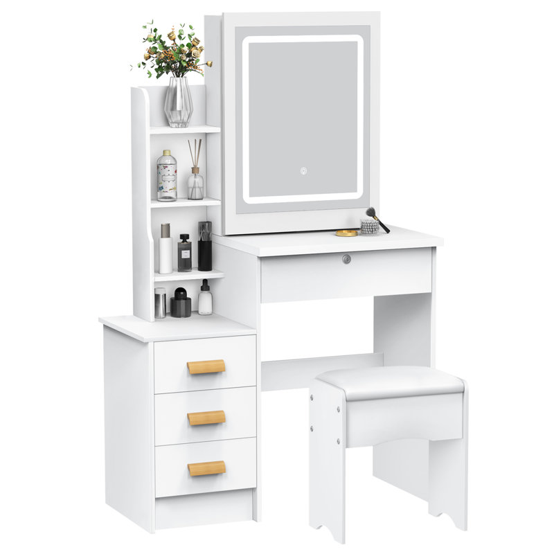 Vanity Desk with Sliding Mirror and Lights, Bedroom Dressing Table, Makeup Table with Drawers & Shelves, Hidden Storage Space