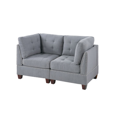 Fauteuil modulaire 2 pièces en tissu gris, H 32 po x 32 po x H 35 po, avec structure en bois à l'apparence de lin - 2 pièces, prédominance de chaise en H