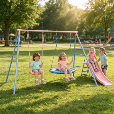 Ensemble de jeux d'extérieur 3 en 1 pour enfants avec glissade, comprenant une balançoire soucoupe, une balançoire classique et une glissade d'escalade. Parfait pour le jardin.