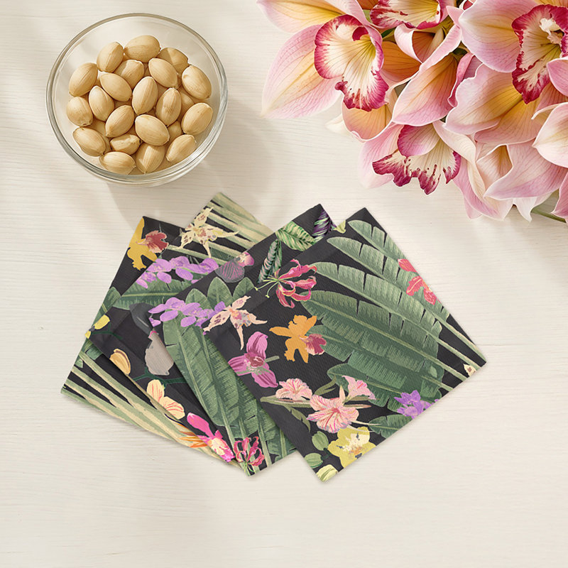 Fantasy Tropical Cotton Sateen Cocktail Napkins, Black
