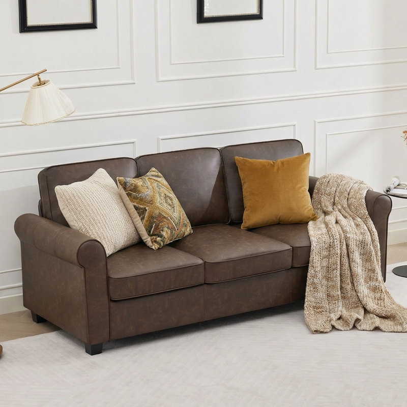 83" W Wide 3-Seater Upholstered Sofa Faux Leather Rolled Arms Couch, Cocoa