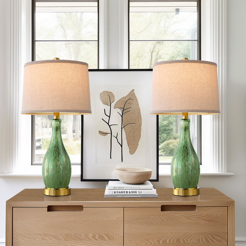 24.5"modern Table Lamp Set, Gradient Green Art Glass Bedside Living Room Lamp With Usb