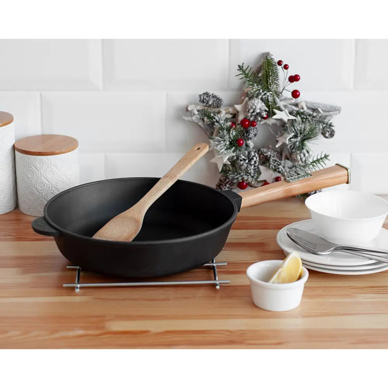 9.4" Black Cast Iron Frying Pan with Wooden Handle