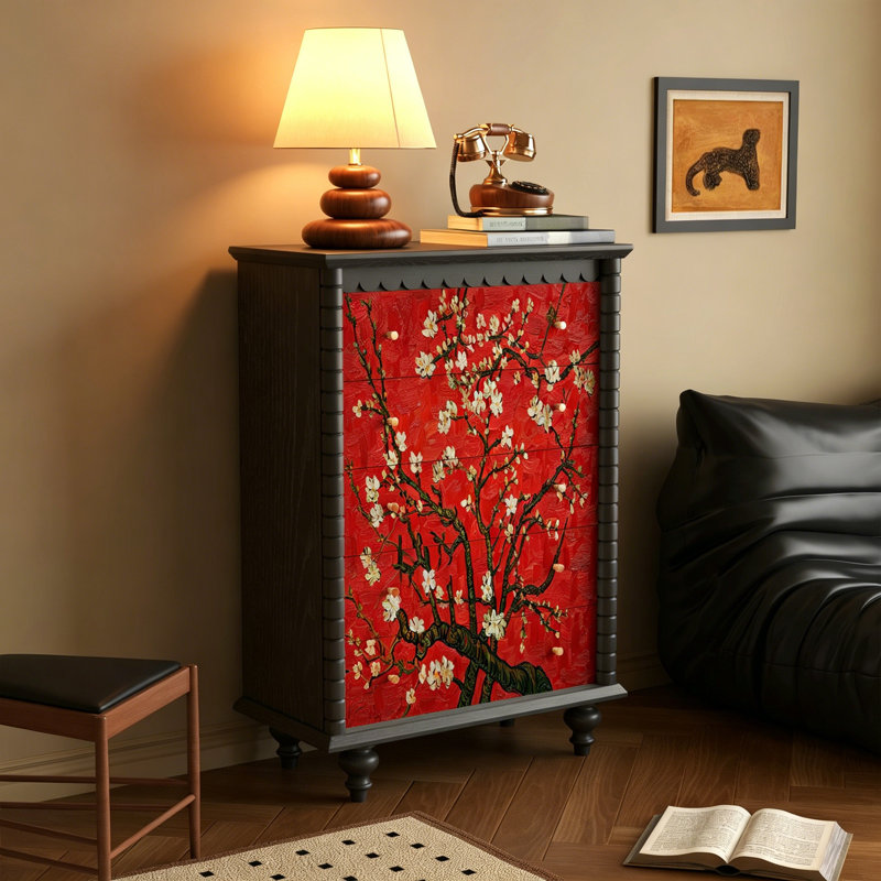 Commode 5 tiroirs en bois massif de style chinois, Noir