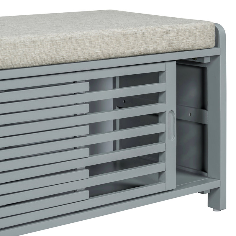 Distressed Shutter Storage Bench with Acacia Veneer, Gray