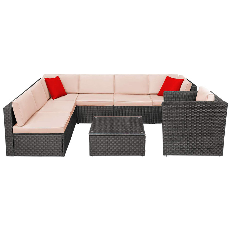 Ensemble de conversation modulaire en rotin avec coussins 8 pièces Jeffcoat, Rose clair