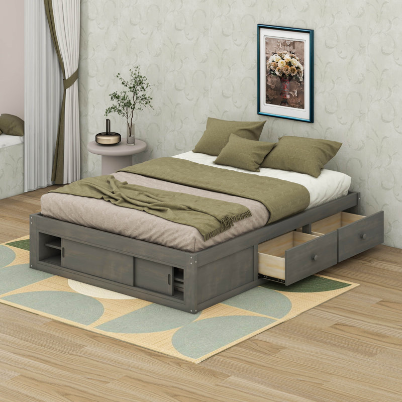 Queen Size Platform Bed Frame With 4 Under-Bed Drawers & Footboard Storage Cubby, Headboard-Free Modern Design, Antique Gray