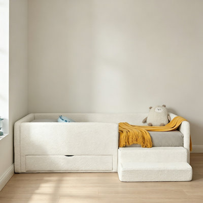 Lit simple pour enfant avec garde-corps et rangement, lit simple avec escabeau de sécurité, tissu Boucle