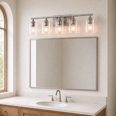 5-Light Brushed Nickel Silver Bathroom Vanity Wall Light, Metal Wall Light with Clear Cylinder Glass Shade for Hotel & Master Bath