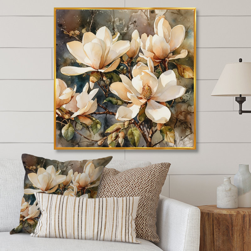 «Cream Magnolia Symphony», reproduction d'art sur toile, H 30 po x l 30 po x P 1 po, Cadre flottant doré