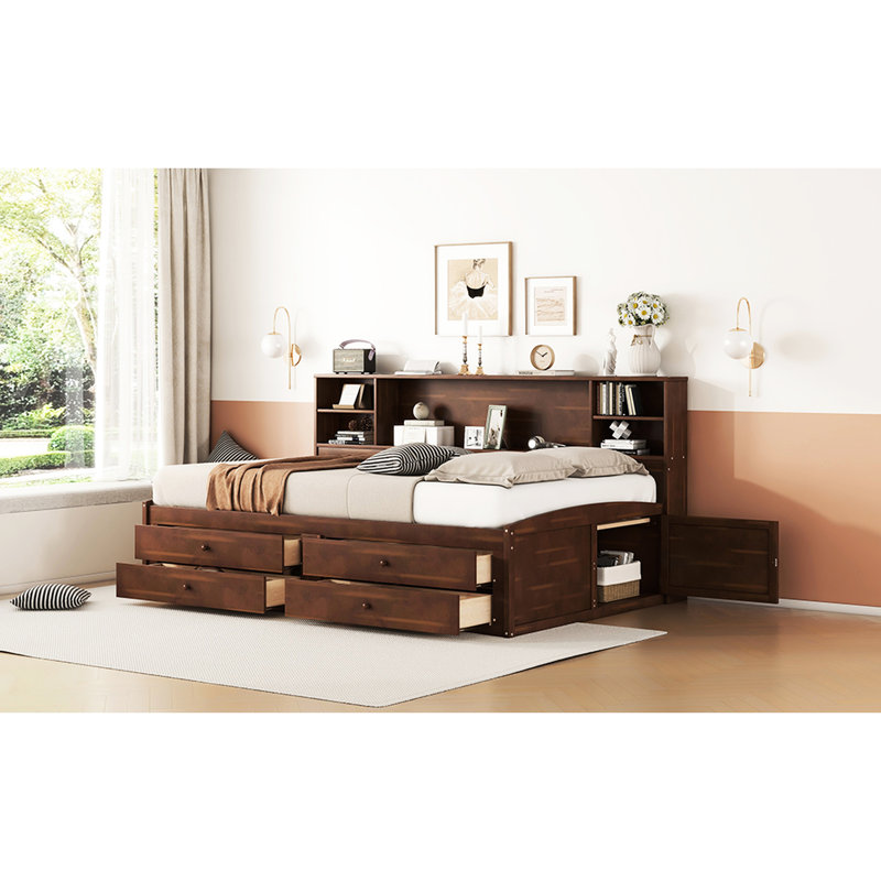Antique Brown Wooden Captain Bed With Storage, 4 Drawers, 2 Cabinets In Full Size Storage Drawer, Cabinet And Built-In Shelving Brownish Tone